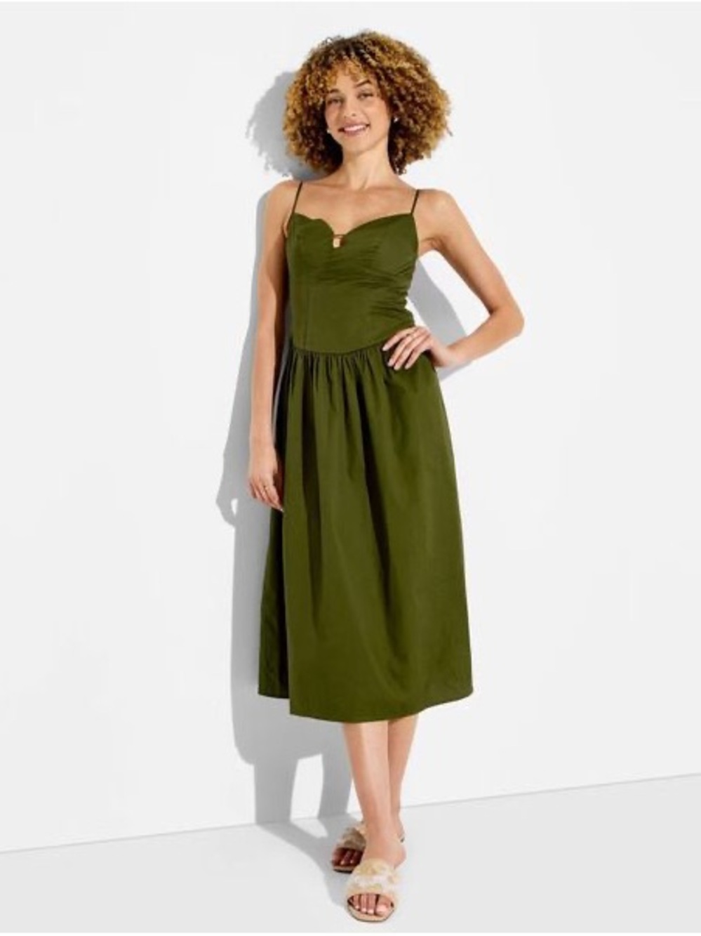 wild fable Olive Green Midi Dress with Sweetheart Bodice